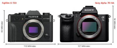 Größenvergleich: Fujifilm X-T30 vs. Sony Alpha 7R IIIA