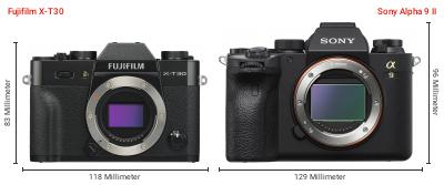 Größenvergleich: Fujifilm X-T30 vs. Sony Alpha 9 II Größenvergleich: Fujifilm X-T30 vs. Sony Alpha 9 II