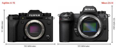 Größenvergleich: Fujifilm X-T5 vs. Nikon Z6 III Größenvergleich: Fujifilm X-T5 vs. Nikon Z6 III