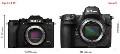 Größenvergleich: Fujifilm X-T5 vs. Nikon Z8 Größenvergleich: Fujifilm X-T5 vs. Nikon Z8