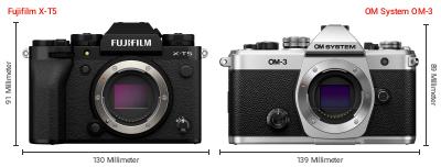 Größenvergleich: Fujifilm X-T5 vs. OM System OM-3 Größenvergleich: Fujifilm X-T5 vs. OM System OM-3