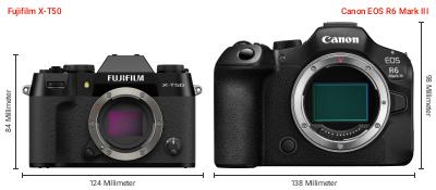 Größenvergleich: Fujifilm X-T50 vs. Canon EOS R6 Mark III Größenvergleich: Fujifilm X-T50 vs. Canon EOS R6 Mark III