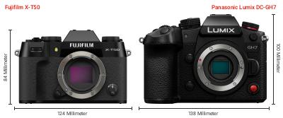 Größenvergleich: Fujifilm X-T50 vs. Panasonic Lumix DC-GH7 Größenvergleich: Fujifilm X-T50 vs. Panasonic Lumix DC-GH7
