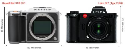 Größenvergleich: Hasselblad X1D 50C vs. Leica SL2 (Typ 2998) Größenvergleich: Hasselblad X1D 50C vs. Leica SL2 (Typ 2998)