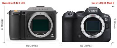 Größenvergleich: Hasselblad X1D II 50C vs. Canon EOS R6 Mark II Größenvergleich: Hasselblad X1D II 50C vs. Canon EOS R6 Mark II