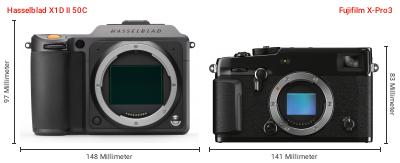 Größenvergleich: Hasselblad X1D II 50C vs. Fujifilm X-Pro3 Größenvergleich: Hasselblad X1D II 50C vs. Fujifilm X-Pro3