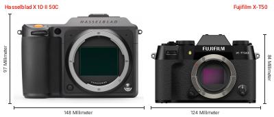 Größenvergleich: Hasselblad X1D II 50C vs. Fujifilm X-T50 Größenvergleich: Hasselblad X1D II 50C vs. Fujifilm X-T50