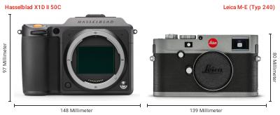 Größenvergleich: Hasselblad X1D II 50C vs. Leica M-E (Typ 240) Größenvergleich: Hasselblad X1D II 50C vs. Leica M-E (Typ 240)