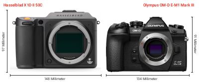 Größenvergleich: Hasselblad X1D II 50C vs. OM System OM-D E-M1 Mark III