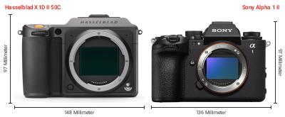 Größenvergleich: Hasselblad X1D II 50C vs. Sony Alpha 1 II