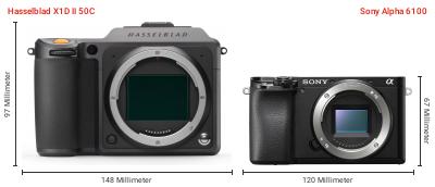 Größenvergleich: Hasselblad X1D II 50C vs. Sony Alpha 6100 Größenvergleich: Hasselblad X1D II 50C vs. Sony Alpha 6100
