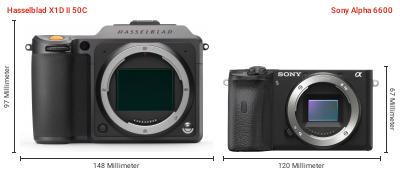 Größenvergleich: Hasselblad X1D II 50C vs. Sony Alpha 6600 Größenvergleich: Hasselblad X1D II 50C vs. Sony Alpha 6600