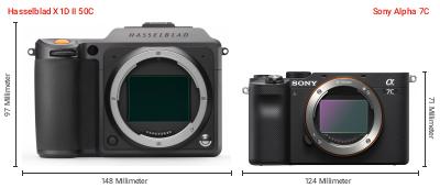 Größenvergleich: Hasselblad X1D II 50C vs. Sony Alpha 7C Größenvergleich: Hasselblad X1D II 50C vs. Sony Alpha 7C