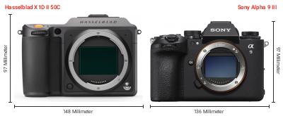 Größenvergleich: Hasselblad X1D II 50C vs. Sony Alpha 9 III Größenvergleich: Hasselblad X1D II 50C vs. Sony Alpha 9 III