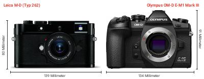 Größenvergleich: Leica M-D (Typ 262) vs. OM System OM-D E-M1 Mark III Größenvergleich: Leica M-D (Typ 262) vs. OM System OM-D E-M1 Mark III
