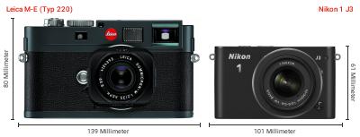 Größenvergleich: Leica M-E (Typ 220) vs. Nikon 1 J3 Größenvergleich: Leica M-E (Typ 220) vs. Nikon 1 J3