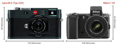 Größenvergleich: Leica M-E (Typ 220) vs. Nikon 1 V2 Größenvergleich: Leica M-E (Typ 220) vs. Nikon 1 V2