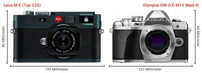 Größenvergleich: Leica M-E (Typ 220) vs. OM System OM-D E-M10 Mark III Größenvergleich: Leica M-E (Typ 220) vs. OM System OM-D E-M10 Mark III