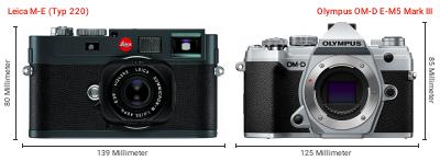 Größenvergleich: Leica M-E (Typ 220) vs. OM System OM-D E-M5 Mark III