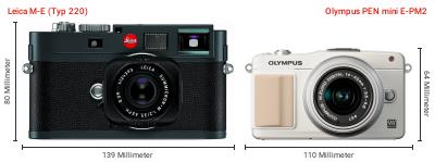 Größenvergleich: Leica M-E (Typ 220) vs. OM System PEN mini E-PM2 Größenvergleich: Leica M-E (Typ 220) vs. OM System PEN mini E-PM2