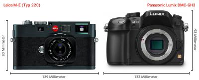 Größenvergleich: Leica M-E (Typ 220) vs. Panasonic Lumix DMC-GH3 Größenvergleich: Leica M-E (Typ 220) vs. Panasonic Lumix DMC-GH3