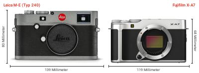 Größenvergleich: Leica M-E (Typ 240) vs. Fujifilm X-A7 Größenvergleich: Leica M-E (Typ 240) vs. Fujifilm X-A7
