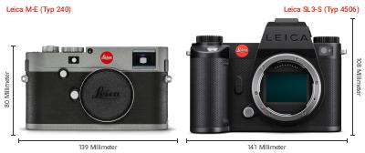 Größenvergleich: Leica M-E (Typ 240) vs. Leica SL3-S (Typ 4506) Größenvergleich: Leica M-E (Typ 240) vs. Leica SL3-S (Typ 4506)