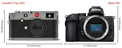 Größenvergleich: Leica M-E (Typ 240) vs. Nikon Z50 Größenvergleich: Leica M-E (Typ 240) vs. Nikon Z50
