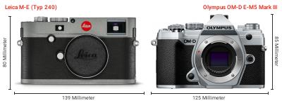 Größenvergleich: Leica M-E (Typ 240) vs. OM System OM-D E-M5 Mark III Größenvergleich: Leica M-E (Typ 240) vs. OM System OM-D E-M5 Mark III
