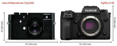 Größenvergleich: Leica M Monochrom (Typ 246) vs. Fujifilm X-H2 Größenvergleich: Leica M Monochrom (Typ 246) vs. Fujifilm X-H2
