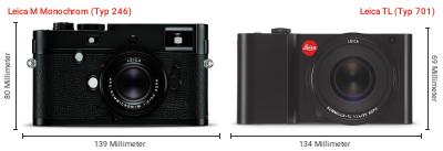 Größenvergleich: Leica M Monochrom (Typ 246) vs. Leica TL (Typ 701) Größenvergleich: Leica M Monochrom (Typ 246) vs. Leica TL (Typ 701)