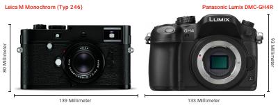Größenvergleich: Leica M Monochrom (Typ 246) vs. Panasonic Lumix DMC-GH4R Größenvergleich: Leica M Monochrom (Typ 246) vs. Panasonic Lumix DMC-GH4R