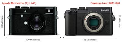 Größenvergleich: Leica M Monochrom (Typ 246) vs. Panasonic Lumix DMC-GX8 Größenvergleich: Leica M Monochrom (Typ 246) vs. Panasonic Lumix DMC-GX8