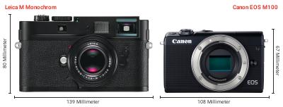 Größenvergleich: Leica M Monochrom vs. Canon EOS M100 Größenvergleich: Leica M Monochrom vs. Canon EOS M100