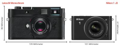 Größenvergleich: Leica M Monochrom vs. Nikon 1 J3 Größenvergleich: Leica M Monochrom vs. Nikon 1 J3