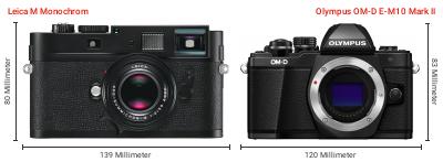 Größenvergleich: Leica M Monochrom vs. OM System OM-D E-M10 Mark II Größenvergleich: Leica M Monochrom vs. OM System OM-D E-M10 Mark II