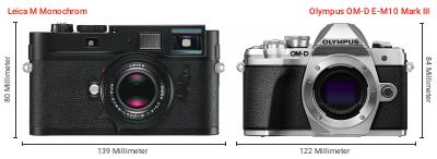 Größenvergleich: Leica M Monochrom vs. OM System OM-D E-M10 Mark III Größenvergleich: Leica M Monochrom vs. OM System OM-D E-M10 Mark III