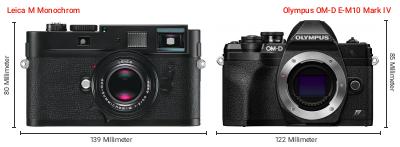Größenvergleich: Leica M Monochrom vs. OM System OM-D E-M10 Mark IV Größenvergleich: Leica M Monochrom vs. OM System OM-D E-M10 Mark IV