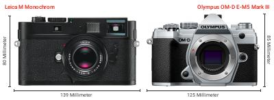 Größenvergleich: Leica M Monochrom vs. OM System OM-D E-M5 Mark III