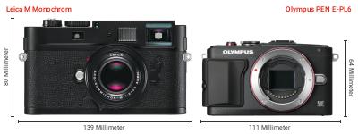 Größenvergleich: Leica M Monochrom vs. OM System PEN E-PL6 Größenvergleich: Leica M Monochrom vs. OM System PEN E-PL6