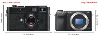 Größenvergleich: Leica M Monochrom vs. Sony Alpha NEX-6 Größenvergleich: Leica M Monochrom vs. Sony Alpha NEX-6