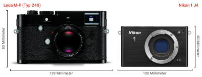 Größenvergleich: Leica M-P (Typ 240) vs. Nikon 1 J4 Größenvergleich: Leica M-P (Typ 240) vs. Nikon 1 J4