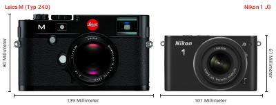 Größenvergleich: Leica M (Typ 240) vs. Nikon 1 J3 Größenvergleich: Leica M (Typ 240) vs. Nikon 1 J3