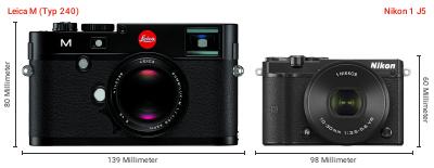 Größenvergleich: Leica M (Typ 240) vs. Nikon 1 J5 Größenvergleich: Leica M (Typ 240) vs. Nikon 1 J5