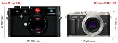Größenvergleich: Leica M (Typ 240) vs. OM System PEN E-PL9 Größenvergleich: Leica M (Typ 240) vs. OM System PEN E-PL9