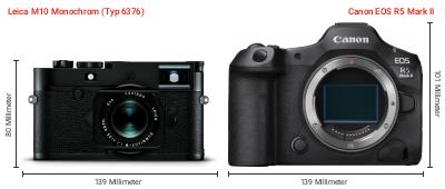 Größenvergleich: Leica M10 Monochrom (Typ 6376) vs. Canon EOS R5 Mark II Größenvergleich: Leica M10 Monochrom (Typ 6376) vs. Canon EOS R5 Mark II