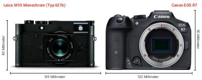 Größenvergleich: Leica M10 Monochrom (Typ 6376) vs. Canon EOS R7 Größenvergleich: Leica M10 Monochrom (Typ 6376) vs. Canon EOS R7