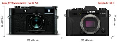 Größenvergleich: Leica M10 Monochrom (Typ 6376) vs. Fujifilm X-T30 II