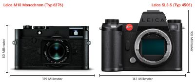 Größenvergleich: Leica M10 Monochrom (Typ 6376) vs. Leica SL3-S (Typ 4506) Größenvergleich: Leica M10 Monochrom (Typ 6376) vs. Leica SL3-S (Typ 4506)