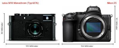 Größenvergleich: Leica M10 Monochrom (Typ 6376) vs. Nikon Z5 Größenvergleich: Leica M10 Monochrom (Typ 6376) vs. Nikon Z5